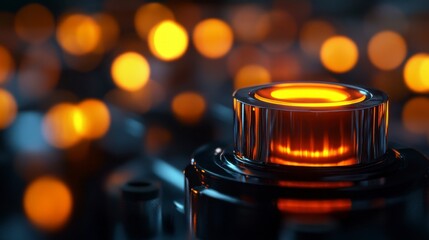 Fototapete - Glowing orange button on metallic surface with bokeh background.