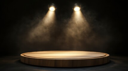 Aufkleber - Round wooden platform illuminated by spotlights on dark background, ideal for product display.