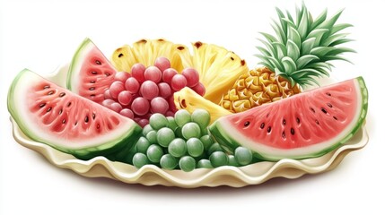 Poster - Artistic Still Life of Tropical Fruits on Decorative Plate Watermelon Pineapple Grapes Close Up Isolated