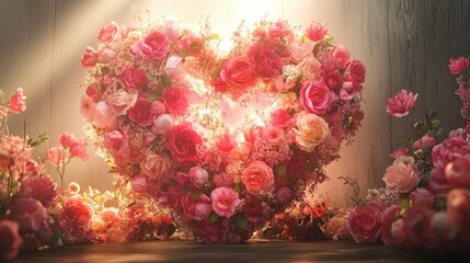 Poster - Heart-shaped floral arrangement with pink roses and flowers, illuminated by sunlight.