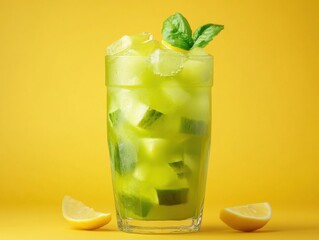 Poster - Refreshing Cucumber Cooler in Glass on Yellow Background Studio Shot with Lemon and Basil Garnish Summer Drink
