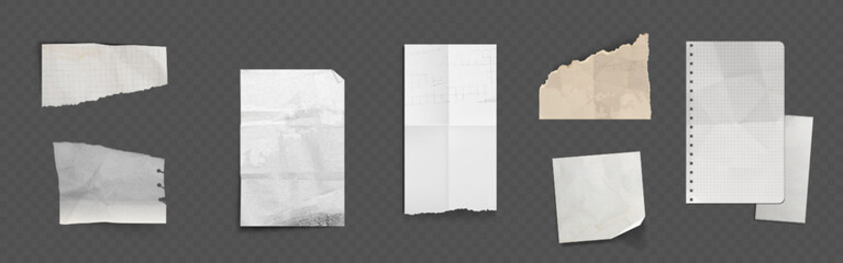 Poster - Folded paper sheets - torn edges ripped fragments with ragged texture. White and dirty notepad pages with crumpled and wrinkled surface, creased folds of worn material. Blank memo pad page pieces.