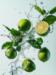 Poster - Limes with leaves in water splash studio shot vibrant fresh citrus fruit floating suspended motion healthy food concept