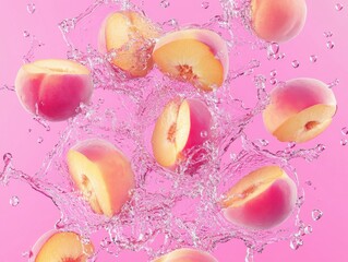 Poster - Peaches in mid-air with water splash on pink background studio shot freshness concept vibrant colors still life