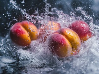 Poster - Fresh Peaches Plunging into Water in Studio Shot Close Up View of Fruit with Splashes and Bubbles