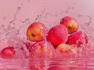 Poster - Peaches in Water Splash Close Up Studio Shot Fresh Fruits Summer Food Refreshing Beverage Ingredient Pink Background