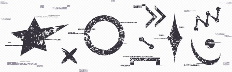 Poster - Glitchy distorted shapes set - grunge black star, circle and simple geometric forms with digital pixel noise texture, old damaged signs. Scratched design elements with tv static signal interference.