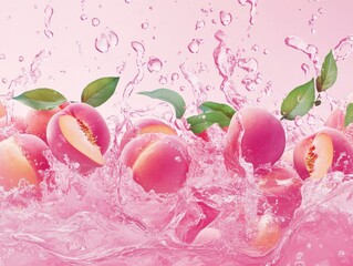 Poster - Fresh peaches splashing in pink water background studio shot vibrant and refreshing fruit still life close up