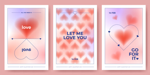 Poster - Y2k style Valentine Day cards set with pink and purple gradients, blurry aura heart shapes and tender slogans. Aesthetic 2000s design posters with romantic phrases. Cute retro 14 February posters.