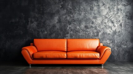 Poster - Orange leather sofa against a dark textured wall in a modern interior setting.