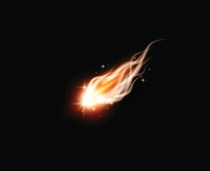 Wall Mural - Falling asteroid or comet with fire tail. Realistic 3D vector high speed flying meteor in space with orange light trail. Cosmic shooting meteorite, burning star or fireball. Astronomic celestial body