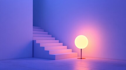 Aufkleber - Minimalist Staircase with Glowing Sphere Lamp in Blue and Pink Tones Interior Design Architectural Photography