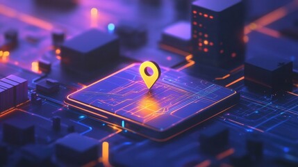 Poster - Golden Pin Hovering Above Glowing Circuit Board High Angle Digital Illustration of High Tech Future