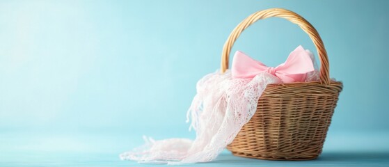 Poster - Wicker Basket with Pink Bow and Lace on Blue Background Studio Shot Still Life Neutral Tones