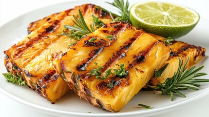 Poster - Grilled Pineapple Slices on White Plate with Lime and Herbs Overhead Shot Tropical Dessert Summer Fruit