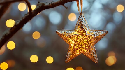 Wall Mural - Glowing Star Ornament Hanging on a Tree Branch with Festive Lights, Perfect for Holiday Decorations and Winter Season Greetings