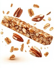 Poster - Close up of granola bar with oats and pecans floating around it on a white background studio shot healthy snack