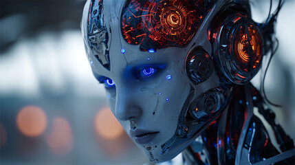 Poster - Serious beautiful robot woman or girl cyborg looks in eyes. AI in image female electronic robotic humanoid machine. Future cybernetic artificial intelligence technology. Portrait sexy model cyborg.