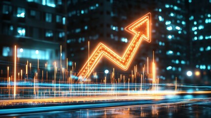 Poster - Digital abstract background with glowing upward arrow indicating financial growth and increasing success in a futuristic cityscape at night with dynamic light streaks