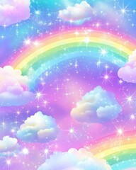 Poster - dreamy pastel sky with rainbow and clouds sparkles fantasy background illustration vertical view