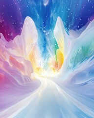 Poster - abstract pastel landscape with glowing light, digital art, ethereal style, colorful mountains and sk