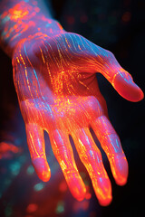 Poster - Hands illuminated by vibrant light patterns at a creative event showcasing art and technology