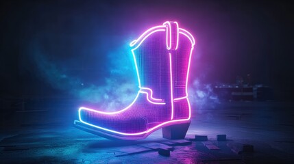 Poster - Large neon cowboy boot sign glowing with vibrant pink and blue lights on dark night scene, illuminated retro style western footwear art display