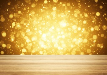 Poster - Golden bokeh lights illuminate a wooden surface creating a festive background