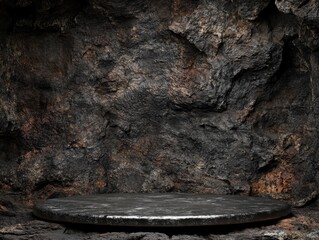 Poster - Dark rock podium display for product placement in studio shot with stone background and cave ambiance for advertisement
