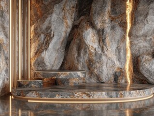 Poster - Marble Podium Display in Cave Setting with Golden Accents Product Showcase Presentation Backdrop Luxury