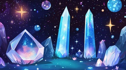 Poster - Fantasy Landscape of Glowing Crystals Under Starry Sky Digital Art Illustration Magical Scene