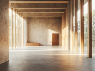 Poster - Interior view of modern architecture with wooden beams and concrete walls casting shadows in sunlight