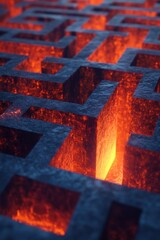 Poster - Abstract maze of stone with fiery lava glowing in the depths close up view conceptual illustration