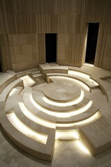 Poster - Interior view of a modern architectural design featuring circular steps and textured walls with black doorways, shot from a low angle