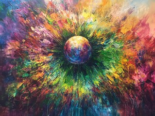 Poster - abstract oil painting of a colorful sphere bursting with energy in a contemporary style studio shot