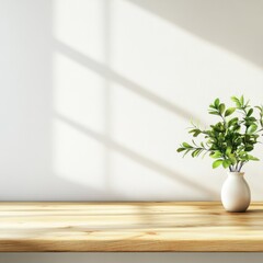 Poster - Minimalist interior with green plant in white vase on wooden table against white wall with window light shadow