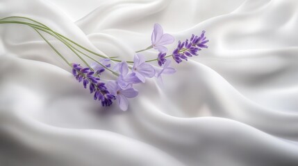 Poster - Lavender and Lilac Flowers on White Silk Fabric Still Life Close Up Studio Shot Elegant Serene Minimalist Aesthetic