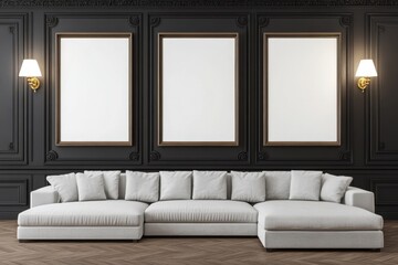 Poster - Interior design featuring a modern sofa with three blank picture frames on a dark wall in a luxurious living room