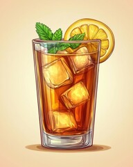Poster - Refreshing iced tea illustration with lemon slice and mint garnish in a tall glass studio shot