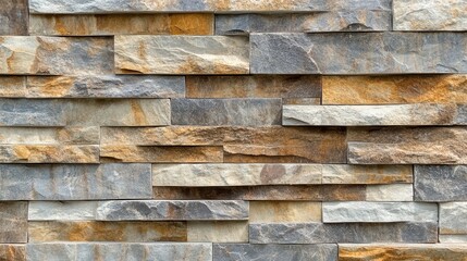 Poster - Close-up of a multicolored stone wall with varied textures and shapes of rectangular stones in grey, beige, and brown hues.