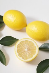 Poster - Fresh Lemons Still Life on White Background, Overhead Shot of Citrus Fruit and Green Leaves, Bright and Vibrant Colors, Healthy Eating Concept