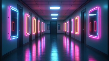 Poster - Vibrant neon light art installation in a modern corridor with colorful glowing rectangular frames and reflective floor creating a futuristic atmosphere