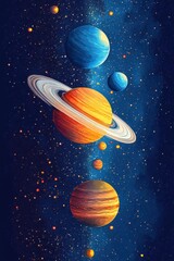 Poster - Artistic Space Scene Featuring Planets and Stars in a Vertical Composition with a Watercolor Style