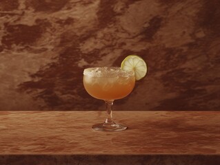 Poster - Margarita cocktail drink with lime garnish on bar top in studio shot; close up of alcoholic beverage with salt rim