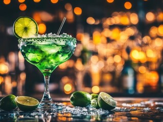 Poster - Refreshing green margarita cocktail with lime garnish and ice close up shot at a bar with bokeh lights background
