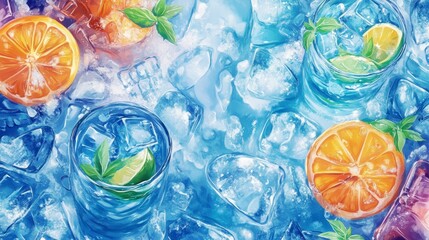 Aufkleber - Refreshing summer cocktails with ice, citrus fruits, and mint leaves.