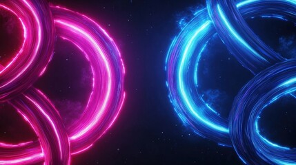 Poster - Vibrant abstract neon light circles glowing in vivid pink and blue colors with a dark background, futuristic design, digital art, modern technology theme