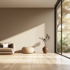 Poster - Minimalist living room interior with sofa ottoman vase and tree view from window in warm light neutral tones