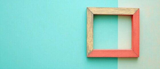 Poster - Square Wooden Frame on Two-Tone Background, Close-Up Top-Down Shot, Graphic Design Element, Mockup, Copy Space, Arts and Crafts Project