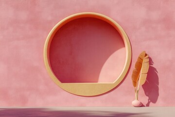 Poster - Minimalist pink wall with circle window and golden palm leaf in vase modern architectural design studio shot